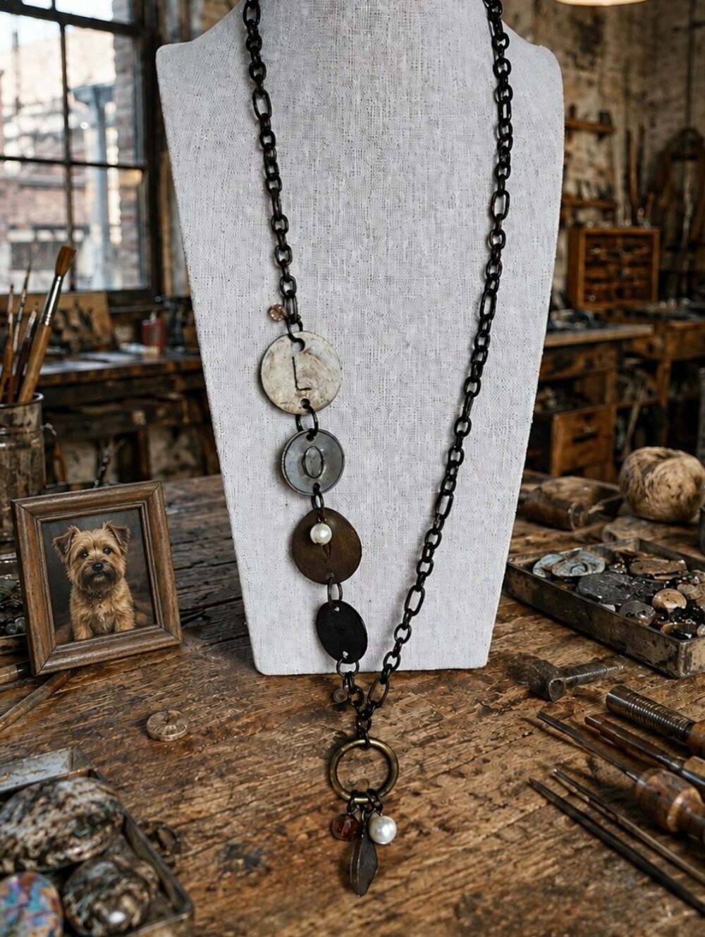Upcycled Brass Tone Honolulu Hawaii Dog Tag LOVE Faux Pearl Rivoli Pet Necklace